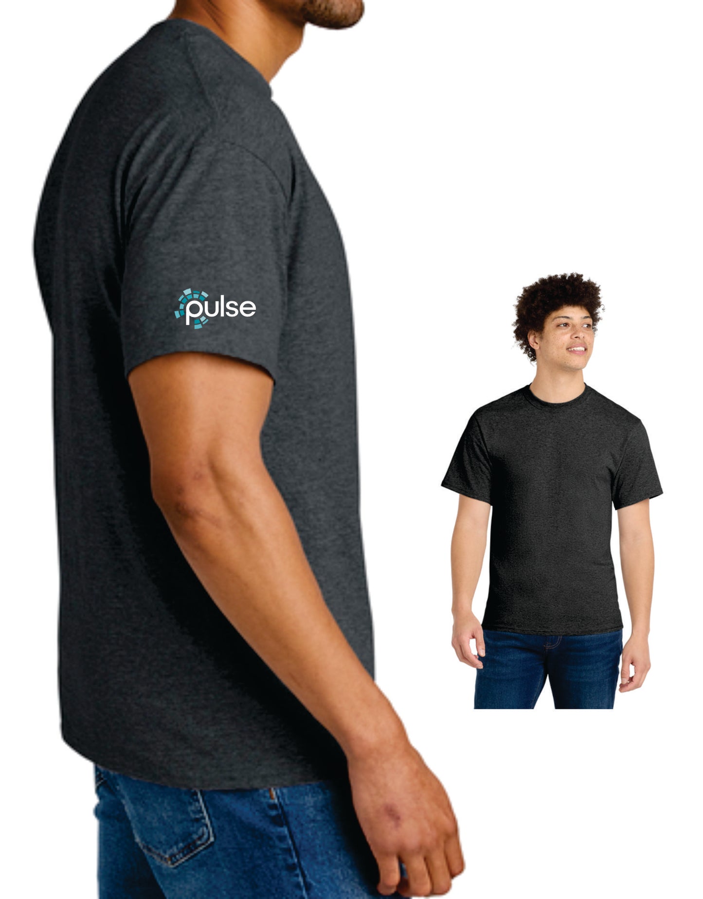 Pulse Unisex T-Shirt Cotton/Polyester Blend, Dark Heather Grey, PRINTED ON SLEEVE (8000 or PC55T)