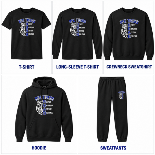 B F Kitchen Elementary BFK Tigers Logo on Black Items